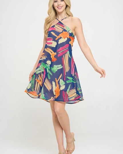 Print Halter Neck Swing Dress Navy-Dress-Renee C.-Urbanheer