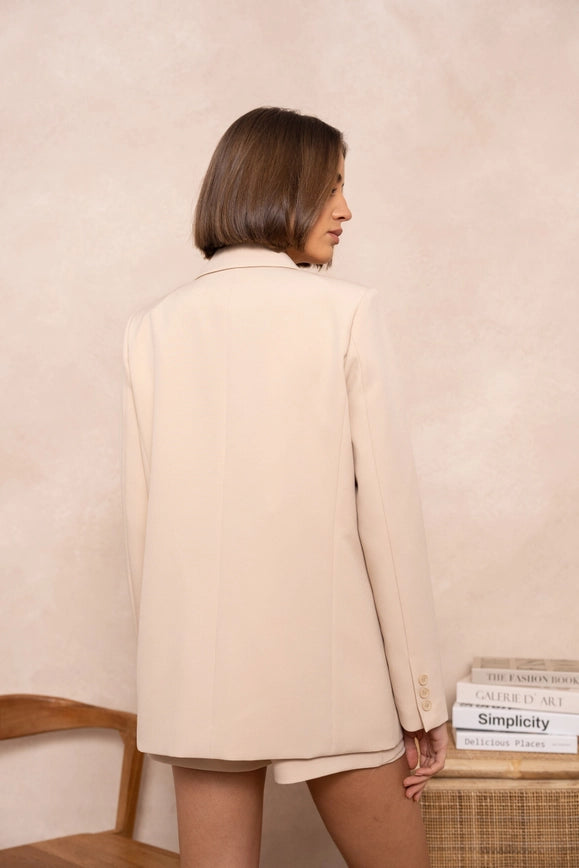 Signature Asymmetric Mid-Length Double-Breasted Plain Jacket Beige-Jacket-Attentif Paris-Urbanheer