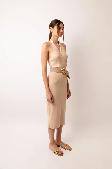 Marrakech Knit Fitted Halter Neck Midi Dress Beige-Dress-Amy Lynn-Urbanheer