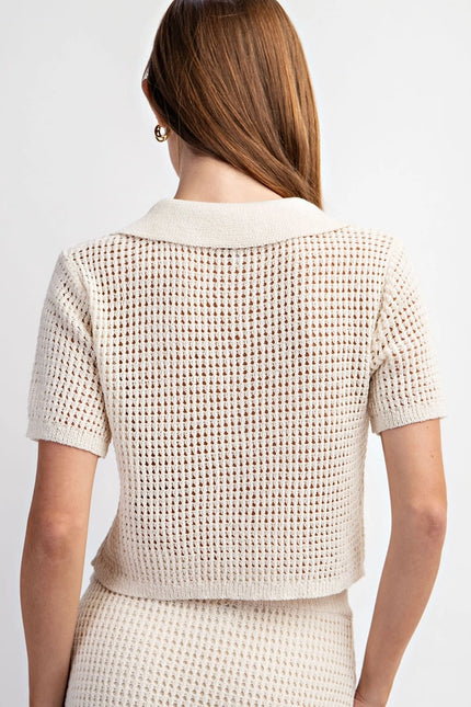 Short Sleeve Open Knit Collared Sweater Top Ivory-Top-EDIT by NINE-Urbanheer