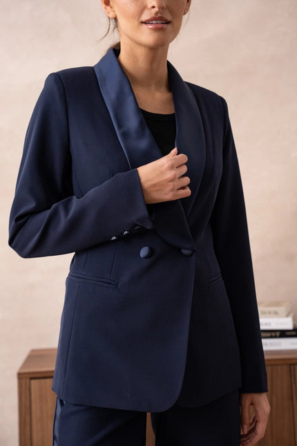 Plain Fitted Smoking Jacket Navy-Jacket-Attentif Paris-Urbanheer