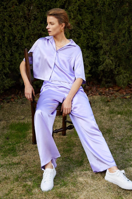 Short Sleeve Silk Pajamas Lilac-Pajamas-MommeSilk-Urbanheer