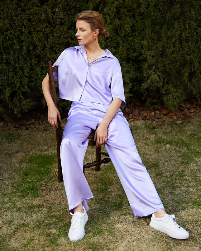 Short Sleeve Silk Pajamas Lilac-Pajamas-MommeSilk-Urbanheer