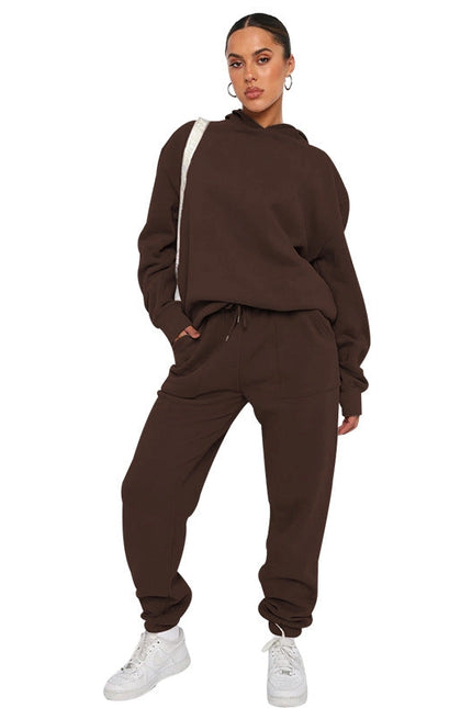 Solid Color Hooded Long Sleeve Sweater and Casual Trousers Suit-Suits-Blak Wardrob-S-Coffee-Urbanheer