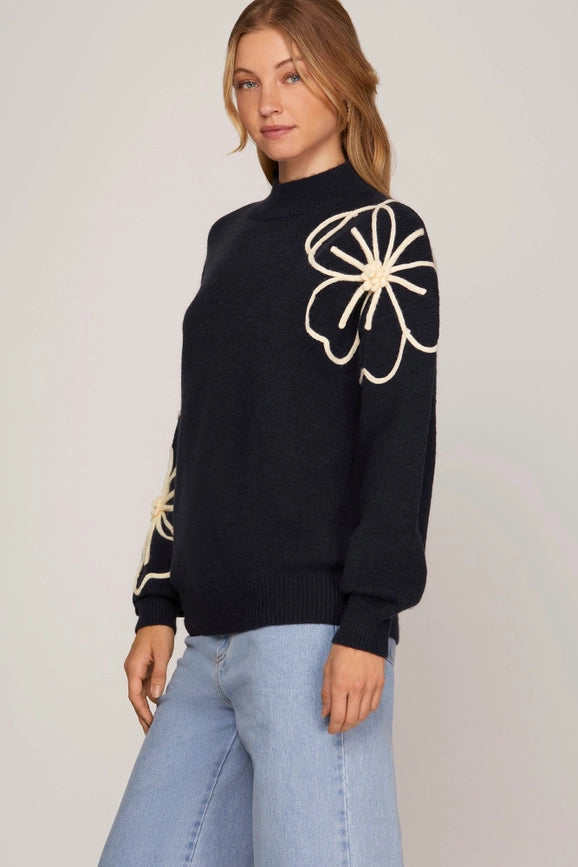 Sweater Top with Flower Embellishments NAVY