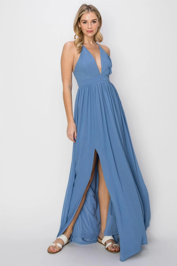 SLEEVELESS Double Strap Slit Maxi Dress BLUE-Dress-HYFVE-Urbanheer