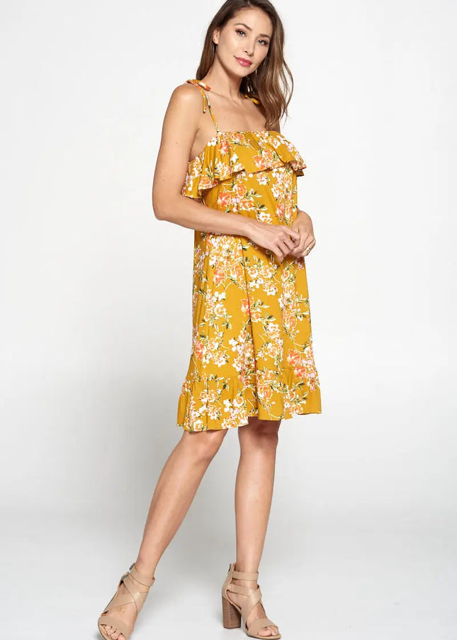 Floral Print Dress With Knot Strap And Ruffle-Renee C.-Urbanheer