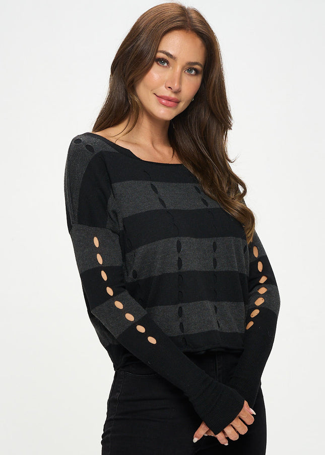 Striped Knit Long Sleeve Sweater With Hole Detail-Renee C.-Urbanheer