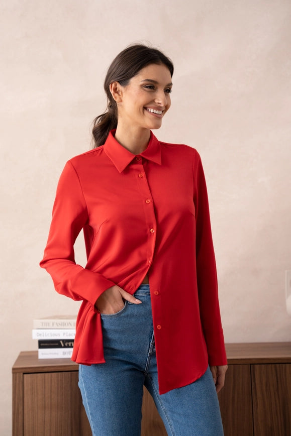 Plain Satin Shirt with Lapel Collar Red-SHIRT-Attentif Paris-S-Urbanheer