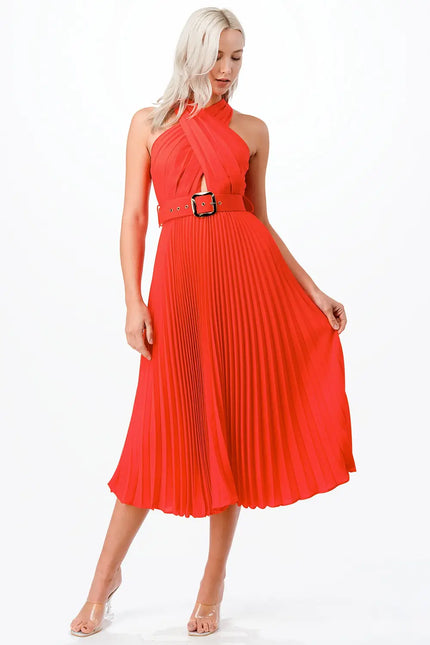 Cross Over Pleats Midi Dress- Orange-Clothing - Women-Neon Blush-Urbanheer