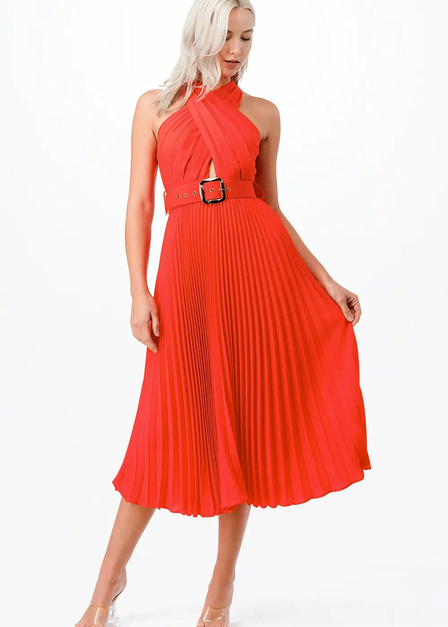 Cross Over Pleats Midi Dress- Orange-Clothing - Women-Neon Blush-Urbanheer