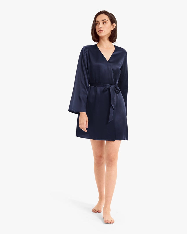 Loose Collarless Silk Navy Blue-Robe-MommeSilk-Urbanheer