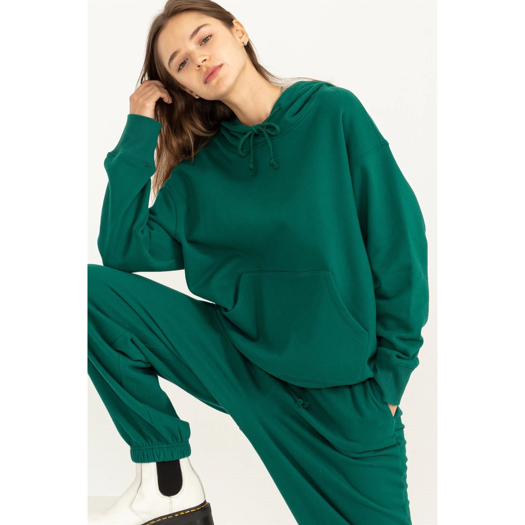 Weekend Chiller Drop Shoulder Oversized Hoodie - Green-Clothing - Women-HYFVE-Urbanheer