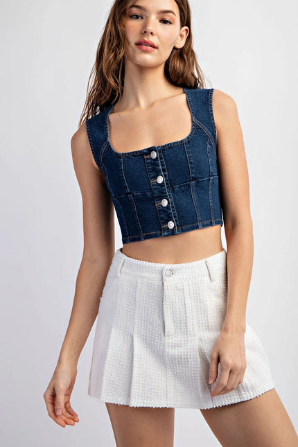 Stretch Denim Sleeveless Button Crop Top-Top-EDIT by NINE-Urbanheer