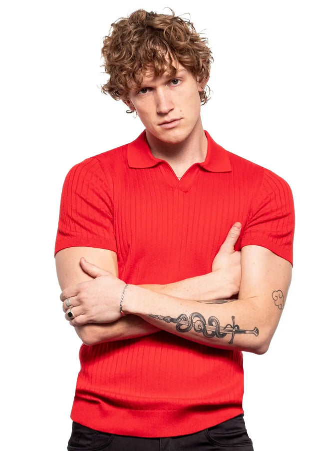 Ribbed Knit Polo - Red-Clothing - Men-Eight X-Urbanheer