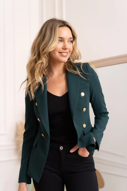 Timeless Fitted Blazer Jacket with Gold Double-Breasted Buttons Bottle Green-Jacket-Attentif Paris-S-Urbanheer