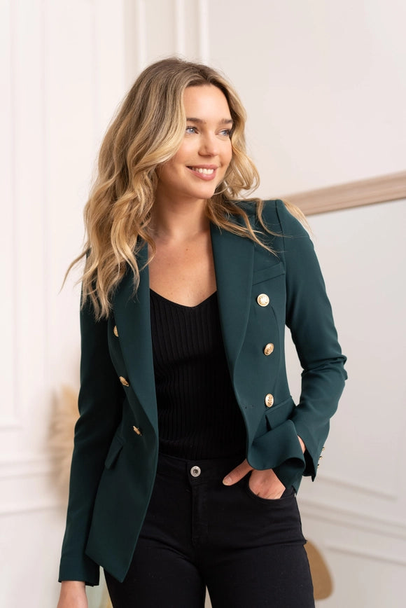 Timeless Fitted Blazer Jacket with Gold Double-Breasted Buttons Bottle Green-Jacket-Attentif Paris-S-Urbanheer