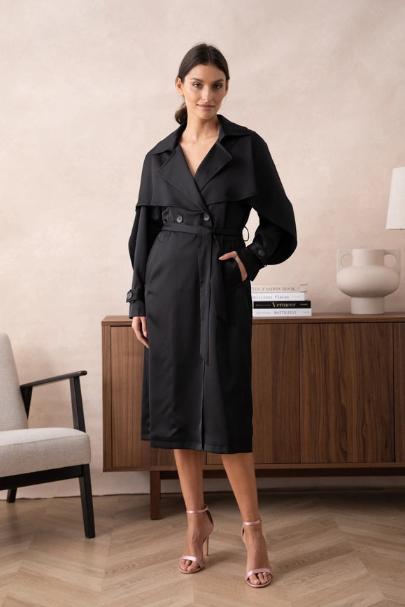 Long Satin Trench Coat with Belt Black-COAT-Attentif Paris-Urbanheer