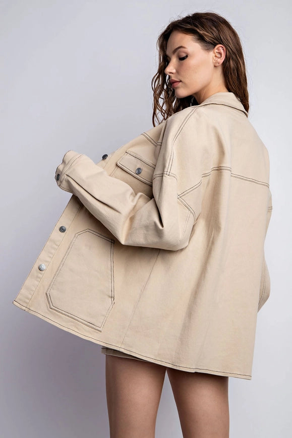 Oversized Twill Jacket with Contrast Stitch Light Taupe-Jacket-EDIT by NINE-Urbanheer