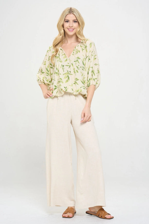 Floral Print V Neck 3/4 Sleeve with Tie-TOP-Renee C.-Urbanheer