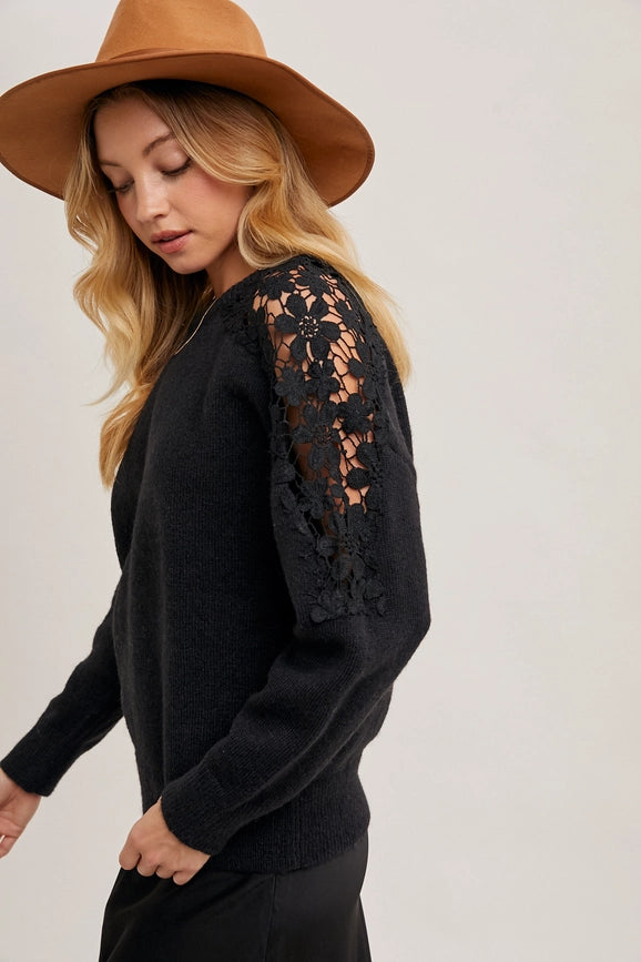 Crochet Contrast Knit Sweater Pullover Black