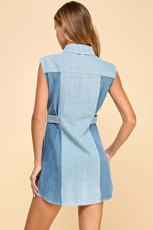 Two Toned Denim Sleeveless Button Up Dress