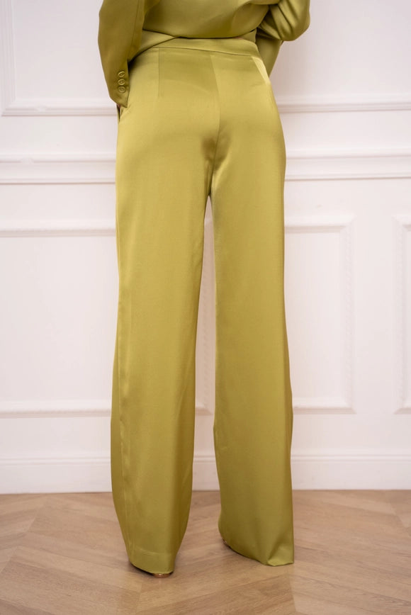 Satin Straight Cut Pants Olive-Pants-Attentif Paris-Urbanheer