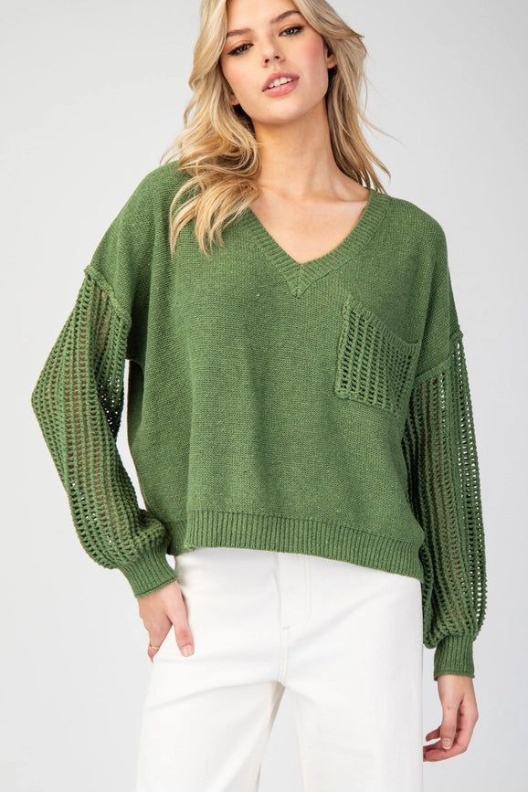 Open Knit Long Sleeve Sweater Top DRY HERB