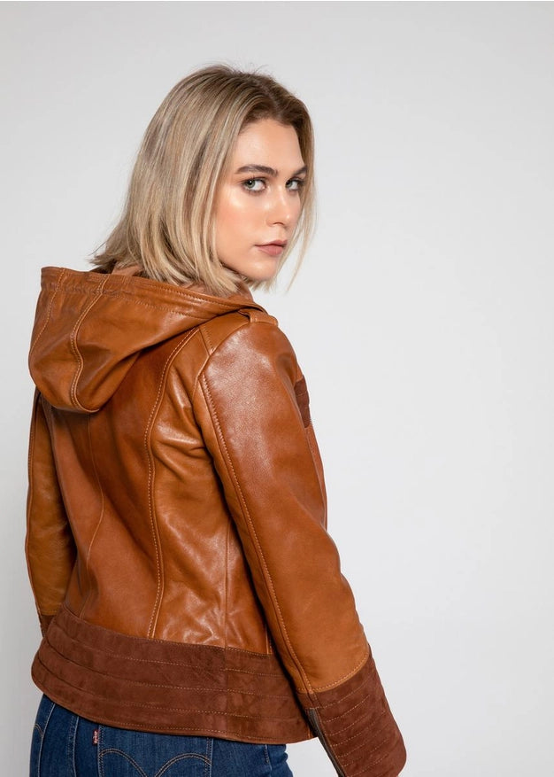 Arya Brown Suede Women Hooded Leather Jacket-Jacket-Fadcloset-Urbanheer