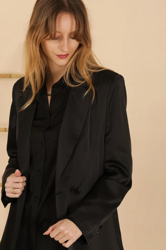 Plain Fitted Satin Jacket Black-Jacket-Attentif Paris-Urbanheer