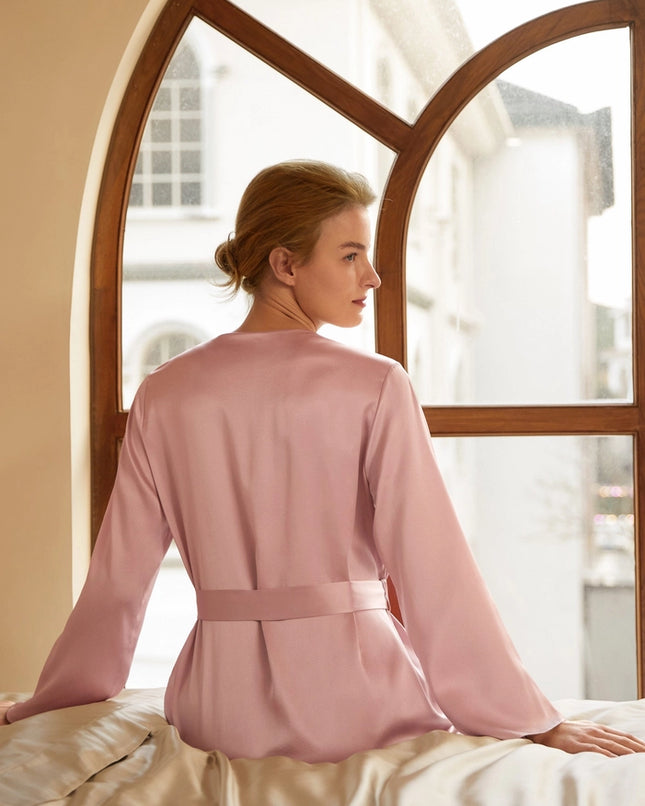 Loose Collarless Silk Rosy Pink-Robe-MommeSilk-Urbanheer