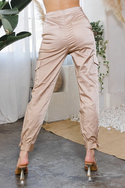 Cotton Satin Cargo Pants High Waisted Khaki-Pants-LABIJOU-Urbanheer