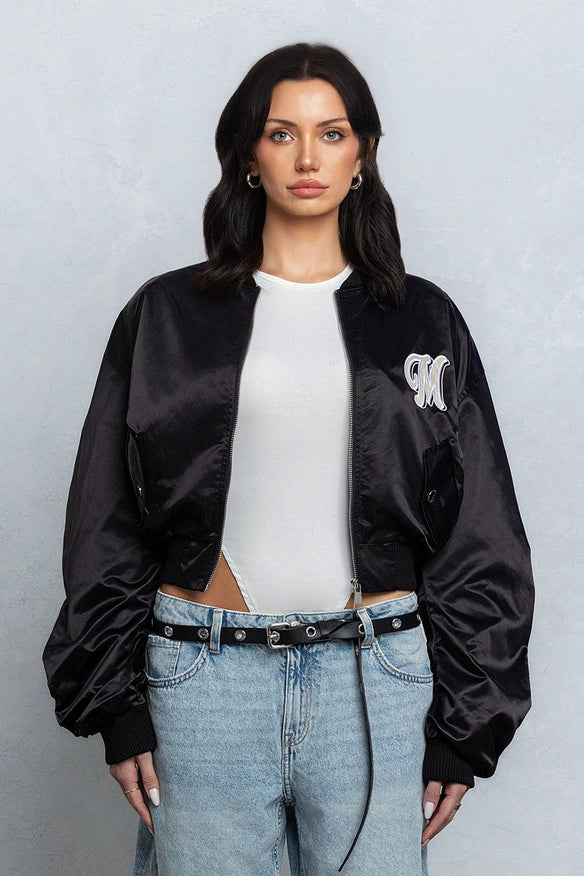 Satin Zipper Bomber Jacket W/ Pu Patch Embroidery Black-Jacket-No Vacancy-S-Urbanheer