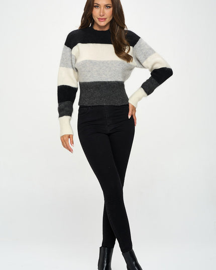 Striped Round Neck Long Sleeve Sweater-Renee C.-Urbanheer