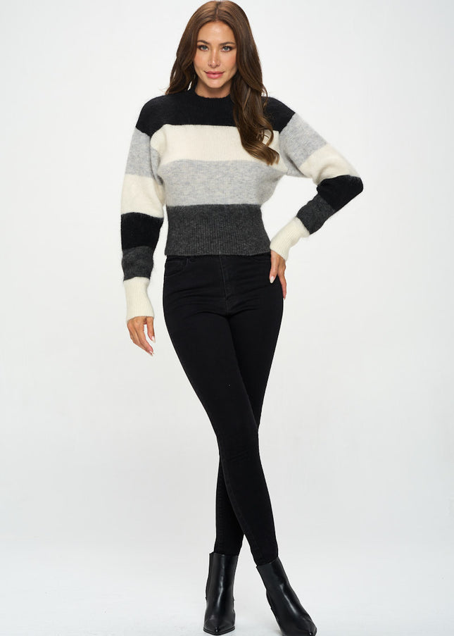 Striped Round Neck Long Sleeve Sweater-Renee C.-Urbanheer