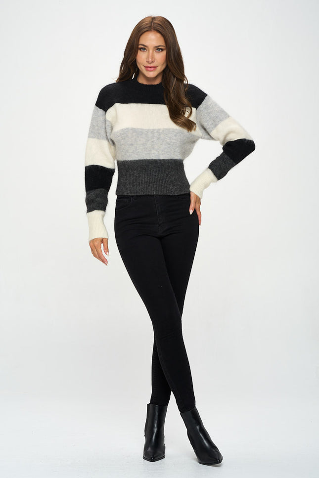 Striped Round Neck Long Sleeve Sweater-Renee C.-Urbanheer