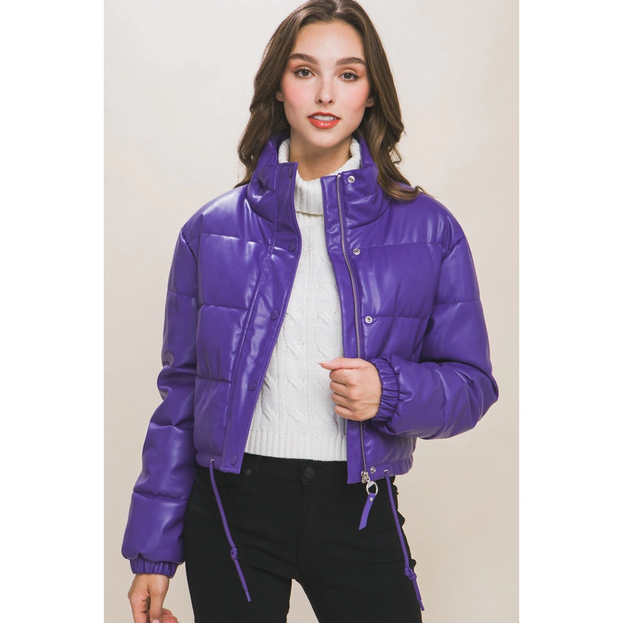 Faux Leather Puffer Jacket Purple-Jacket-Faith Apparel-S-Urbanheer