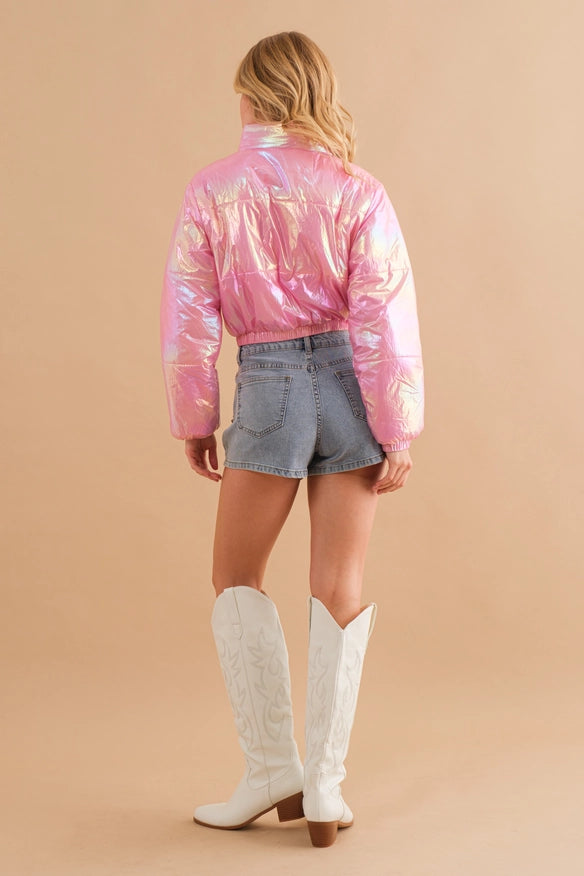 Windbreaker Metallic Puffer Crop Zip Up Jacket Pink-Jacket-Blue B-Urbanheer