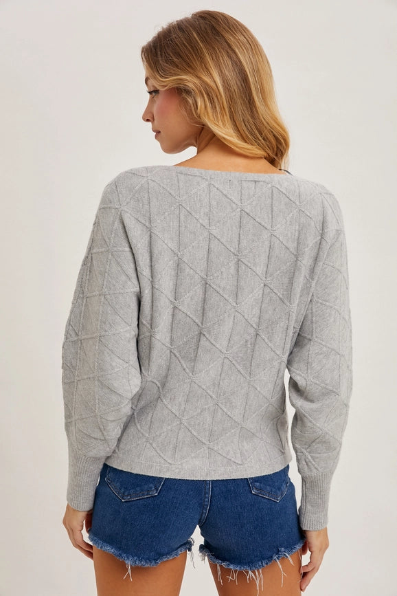 Long Sleeve Boat Neck Diamond Knit Sweater H GREY