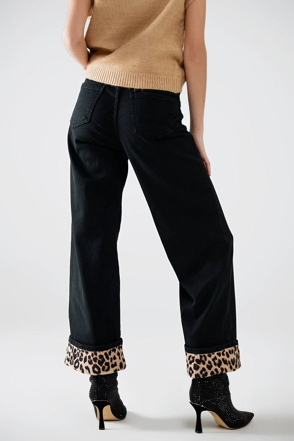 Wide Leg Black Pants with Leopard Print At the Bottom