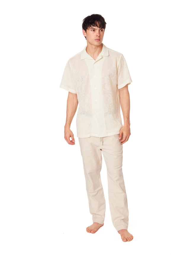 Crochet/Textured Short Sleeve Men's Shirt CREAM