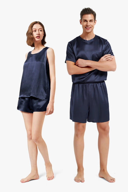 His & Hers Casual Silk Pajamas Navy Blue-Pajamas-MommeSilk-Urbanheer