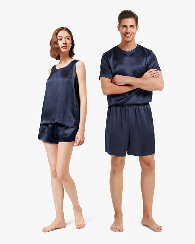 His & Hers Casual Silk Pajamas Navy Blue-Pajamas-MommeSilk-Urbanheer