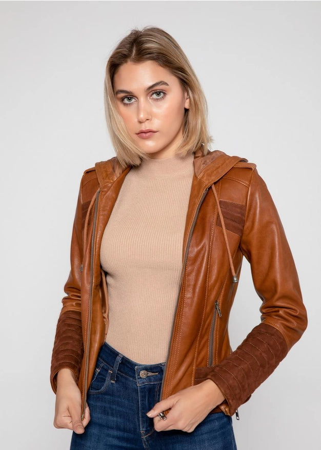 Arya Brown Suede Women Hooded Leather Jacket-Jacket-Fadcloset-XS-Urbanheer