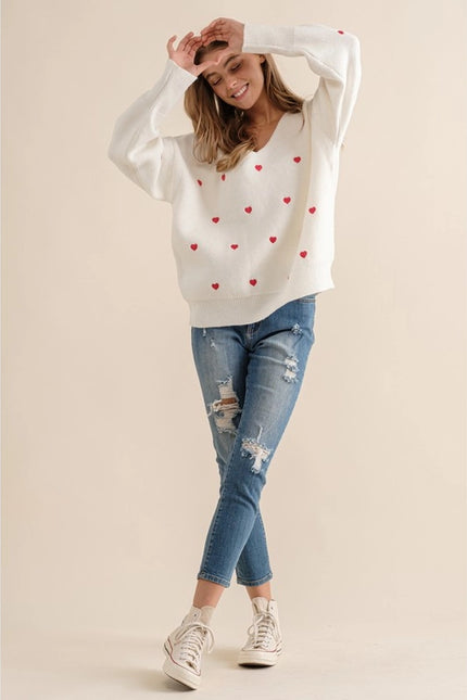 Plus Size Heart Pattern Boxy Knit Pullover Sweater White-SWEATER-Pink Irene Wholesale-Urbanheer