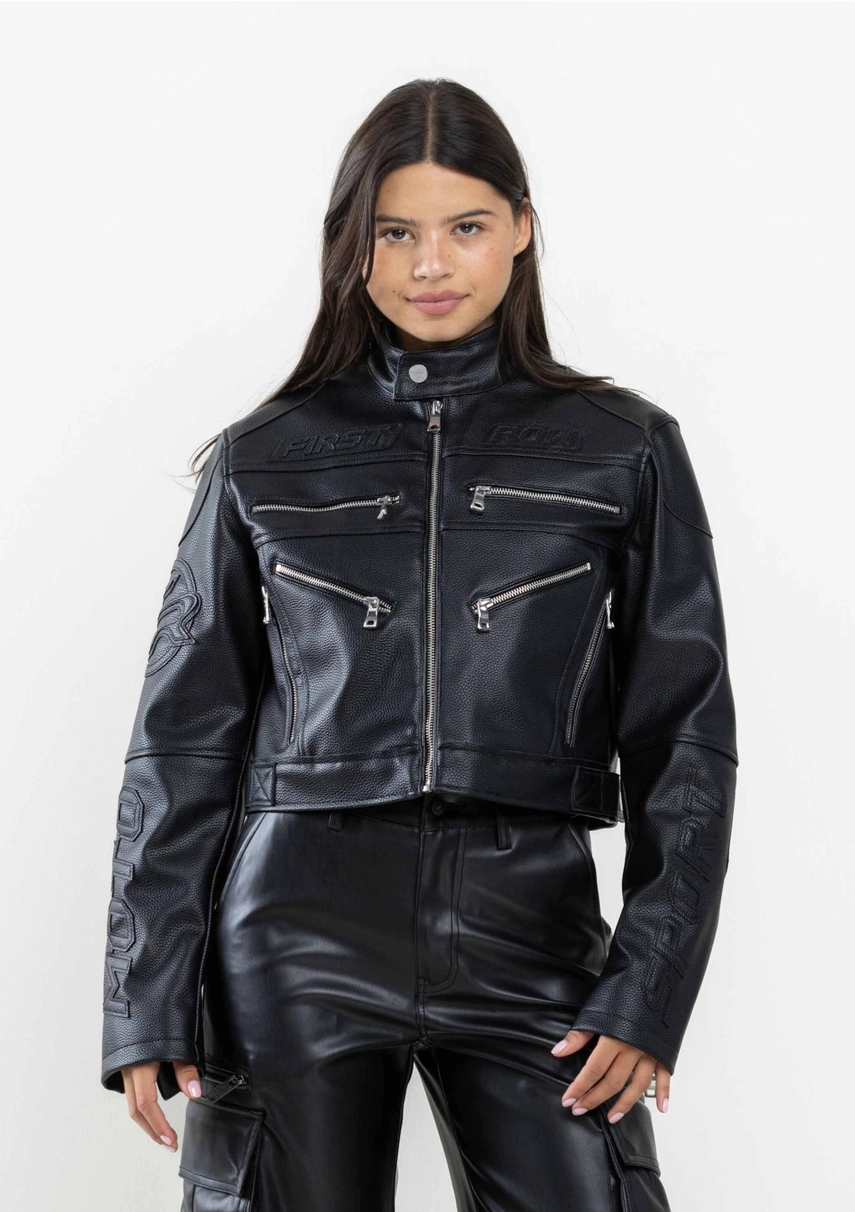 Leather Racing Cropped Jacket-Clothing - Women-Vibrant M.i.U-Urbanheer