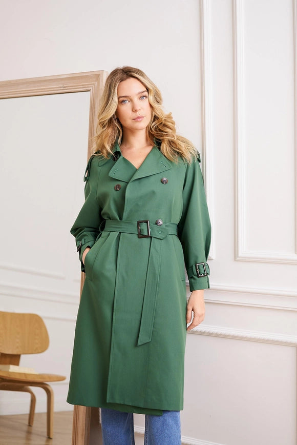 Long Trench Coat with Belt Green-COAT-Attentif Paris-Urbanheer