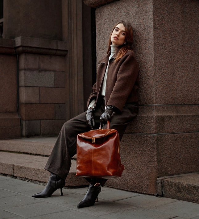 Brown Leather Backpack For Women - A Bend in the River Cognac