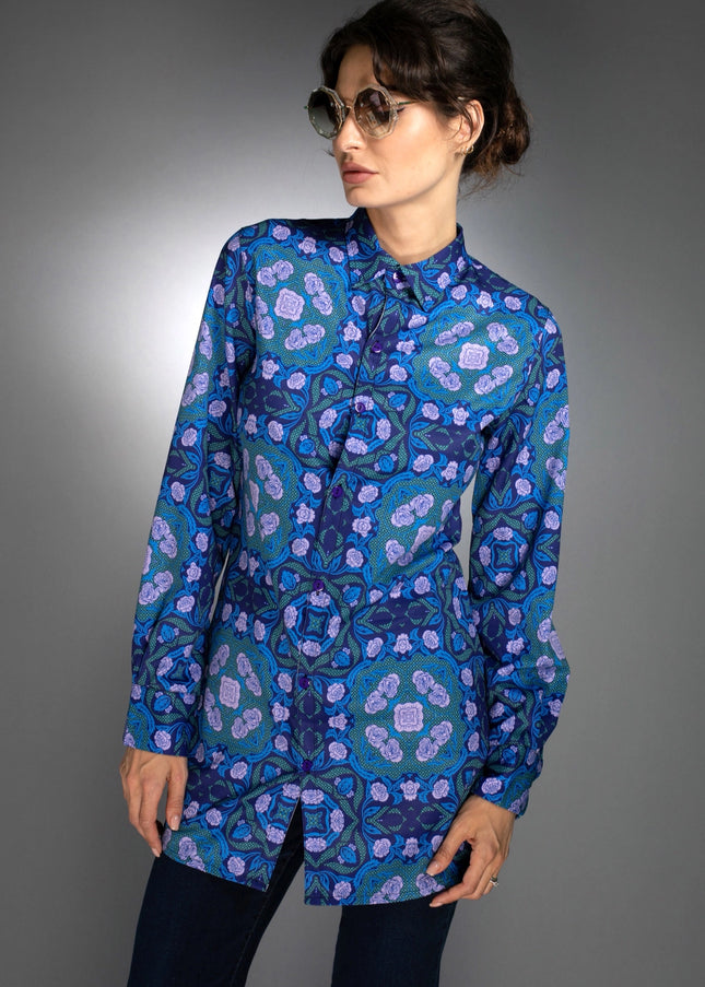 Floral Geometric Shape Long Shirt Roses Cobalt Blue / Lilac-Nuvula-Urbanheer