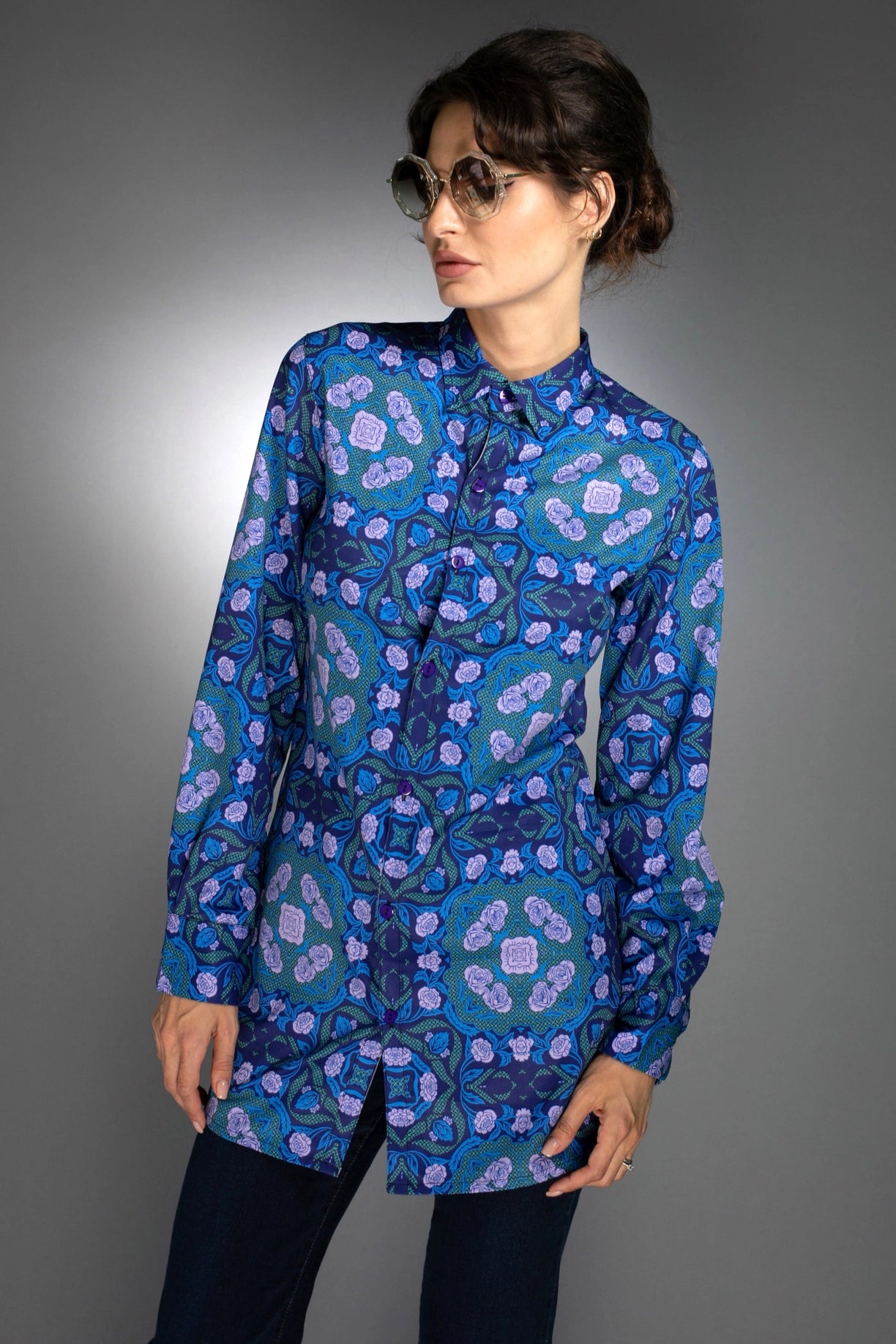 Floral Geometric Shape Long Shirt Roses Cobalt Blue / Lilac-Nuvula-Urbanheer